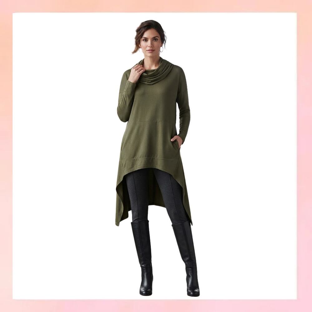 Olive Green Asymmetric Cowl Neck Tunic Hoodie Sweatshirt Dress Size XL
